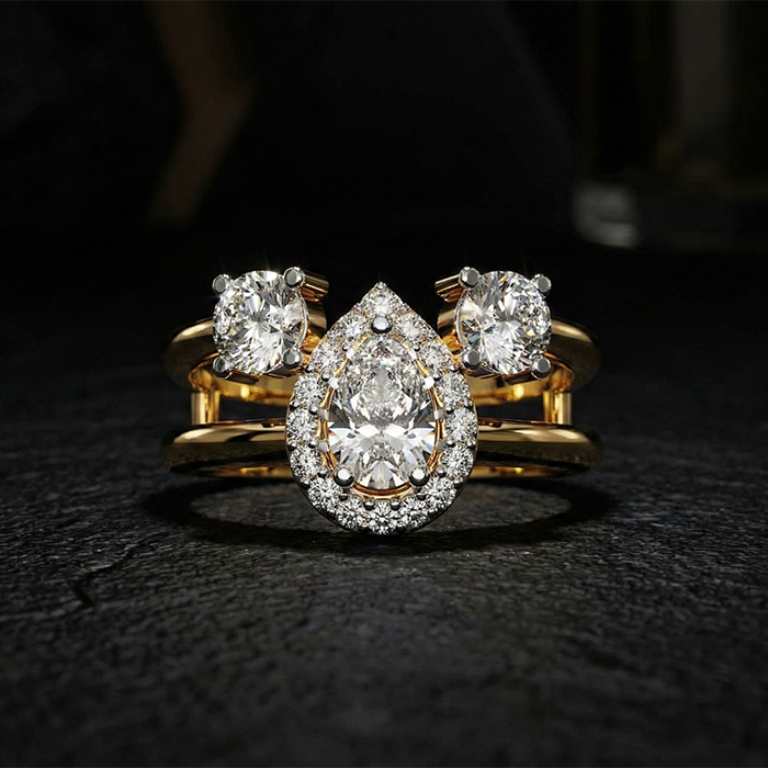 Three Stone Halo Diamond Designer Ring - Image 1